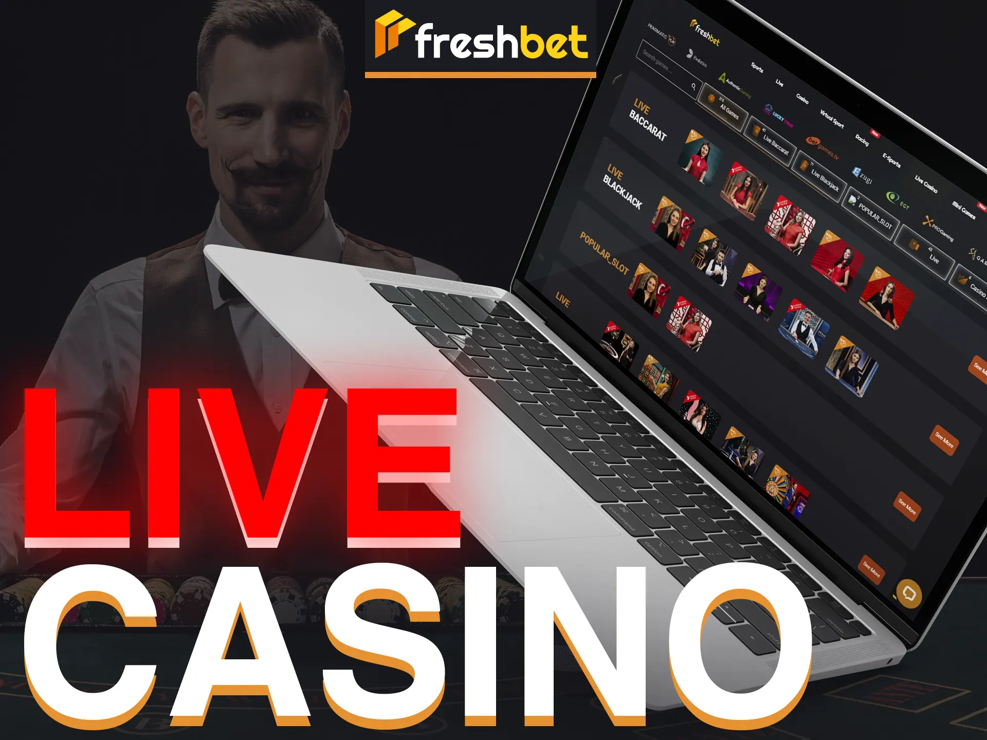 Immerse in live casino action at FreshBet with real dealers. Games include Lightning Roulette, Crazy Time.