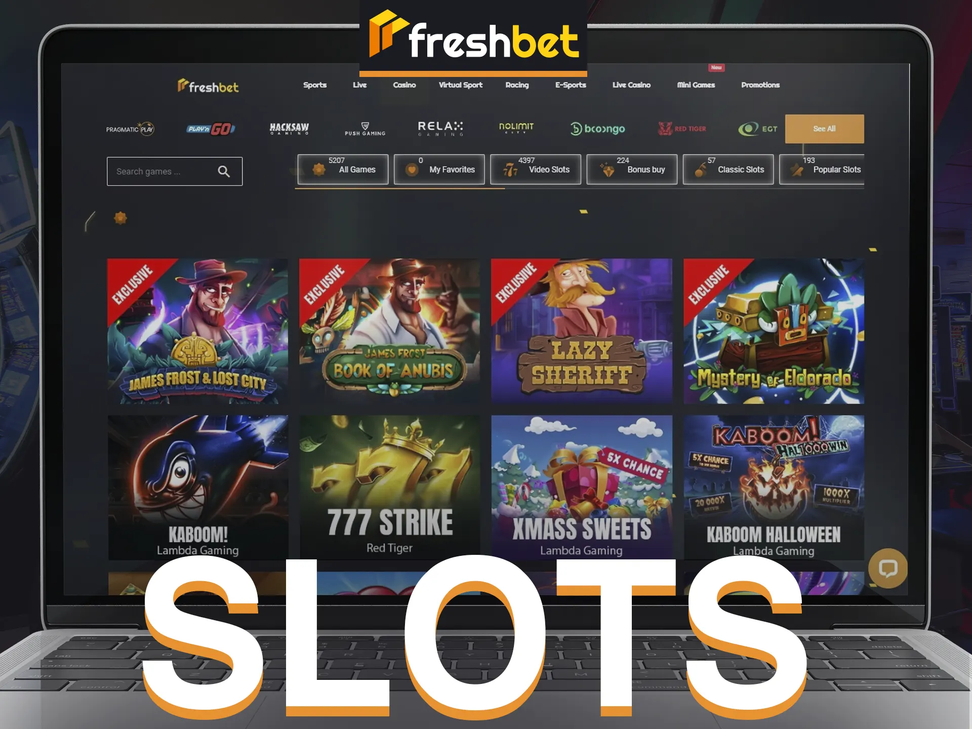 Hundreds of unique slots at FreshBet, including popular titles like Book of Anubis, Razor Shark.